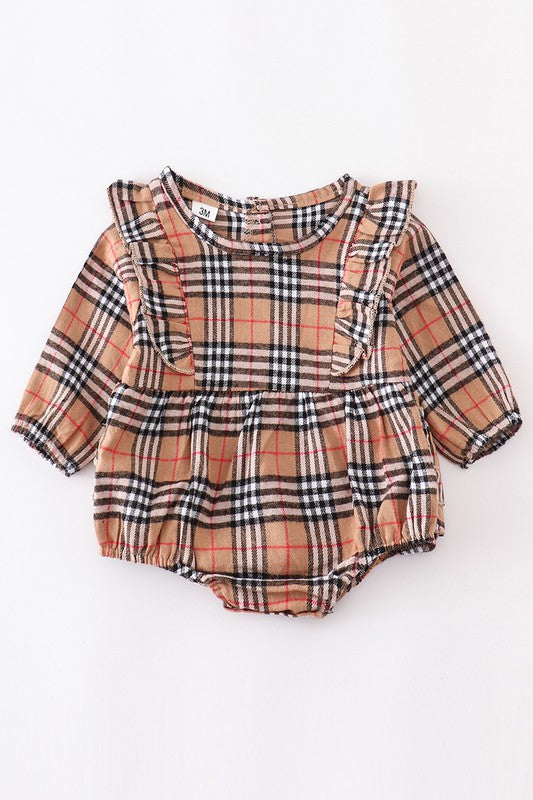 Beige plaid ruffle baby romper