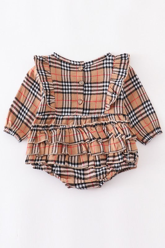 Beige plaid ruffle baby romper