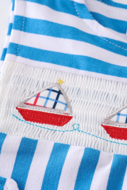 Blue stripe sailing boat applique boy jonjon