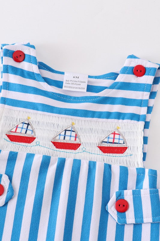 Blue stripe sailing boat applique boy jonjon