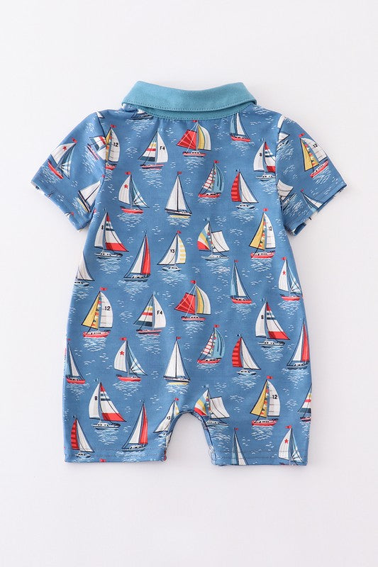 Navy sailboat print pocket boy romper