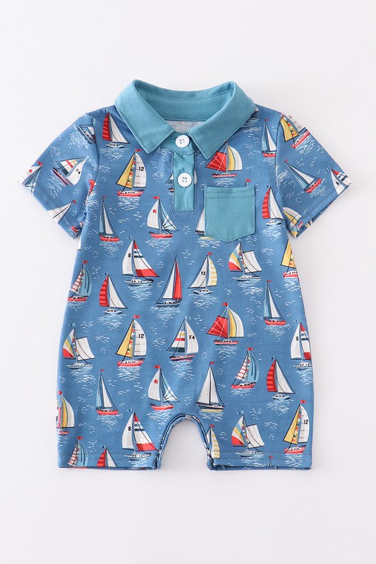 Navy sailboat print pocket boy romper