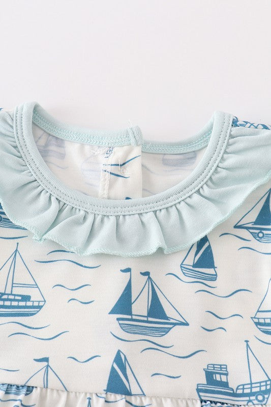 Green sailboat print ruffle girl bubble