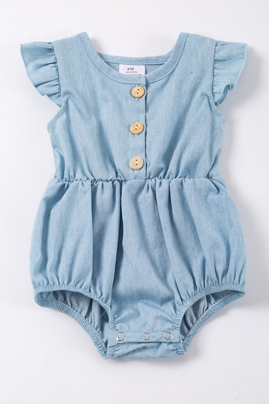 Blue ruffle button denim baby girl romper