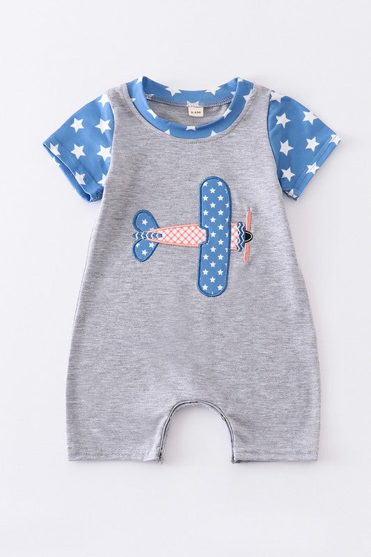 Blue dot plane patriotic embroidery boy romper