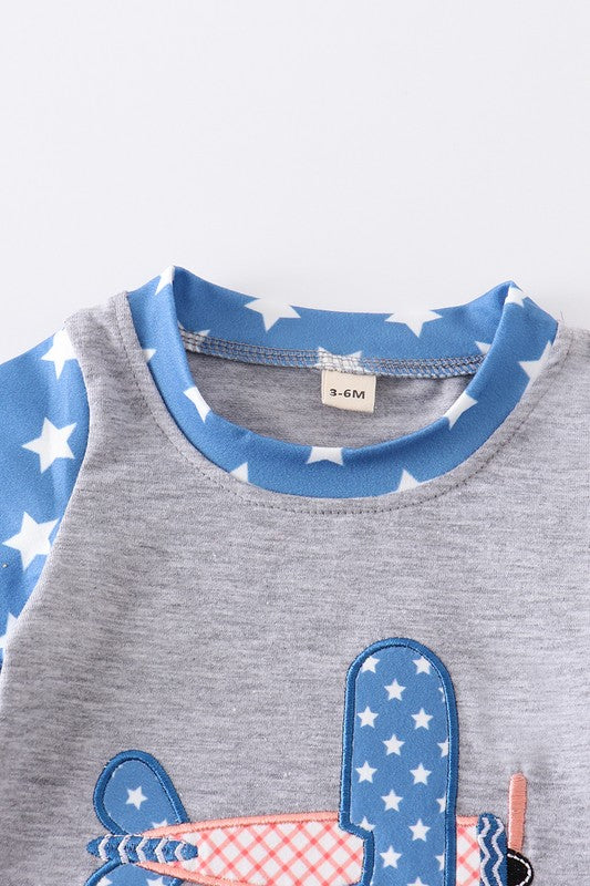 Blue dot plane patriotic embroidery boy romper