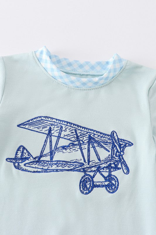 Blue aircraft embroidery boy baby romper